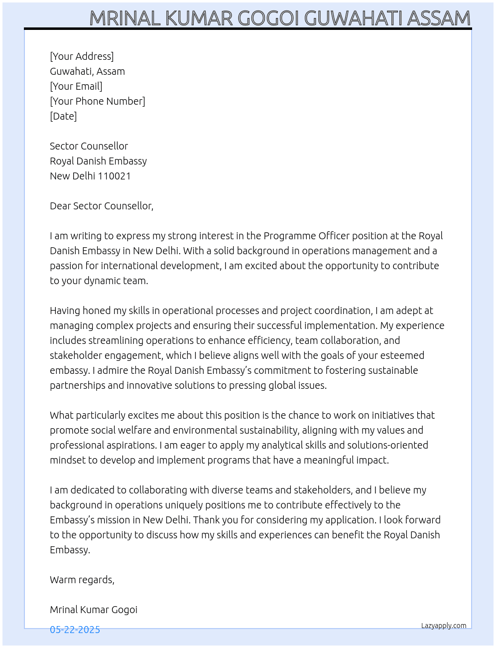 Programme Officer At Royal Danish Embassy New Delhi 110021 Cover Letter