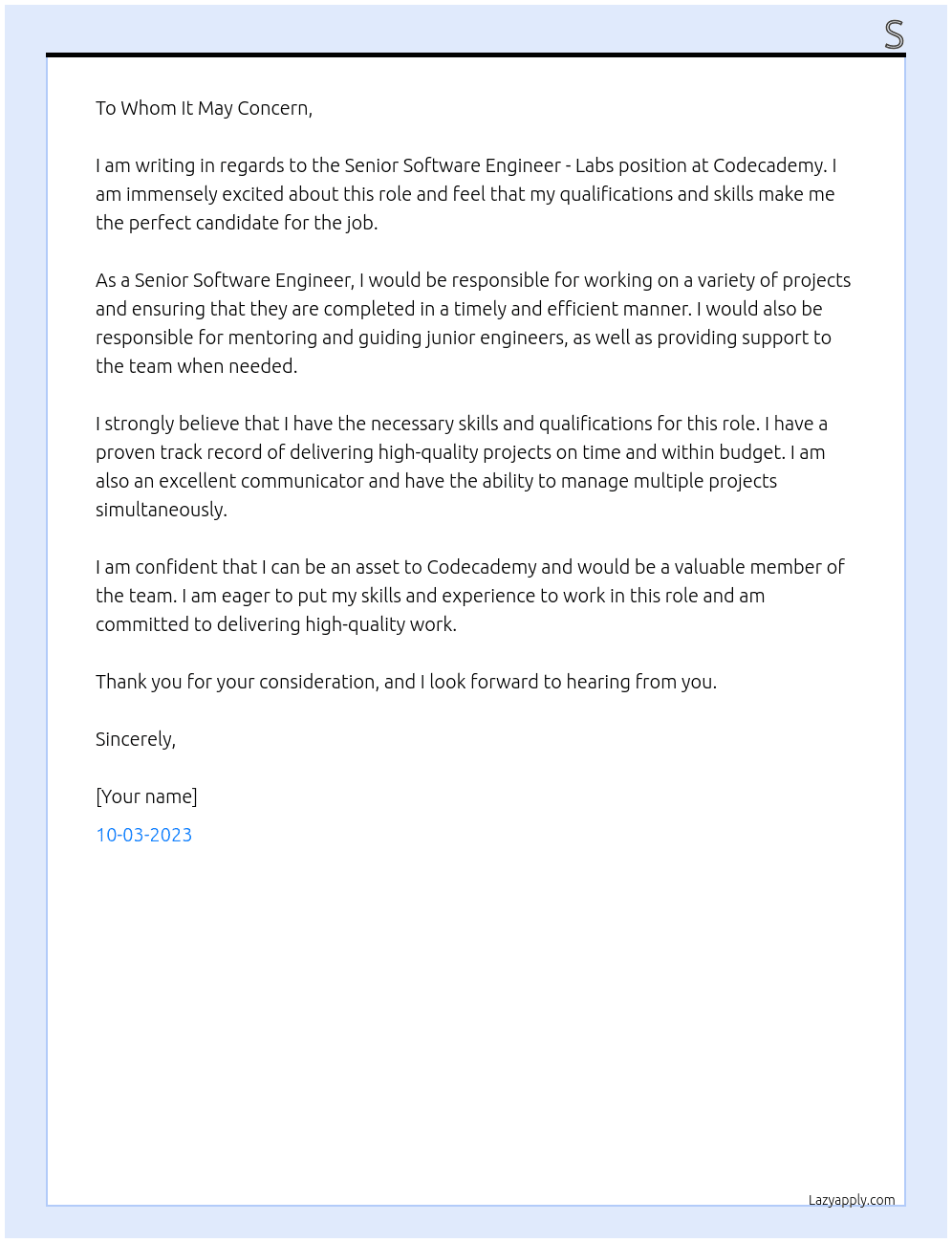 Senior Software Engineer - Labs At codecademy Cover Letter