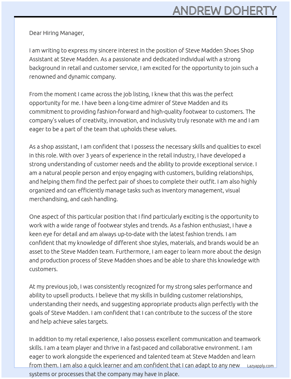 Steve madden Shoes shop assistant  At Steve Madden Cover Letter