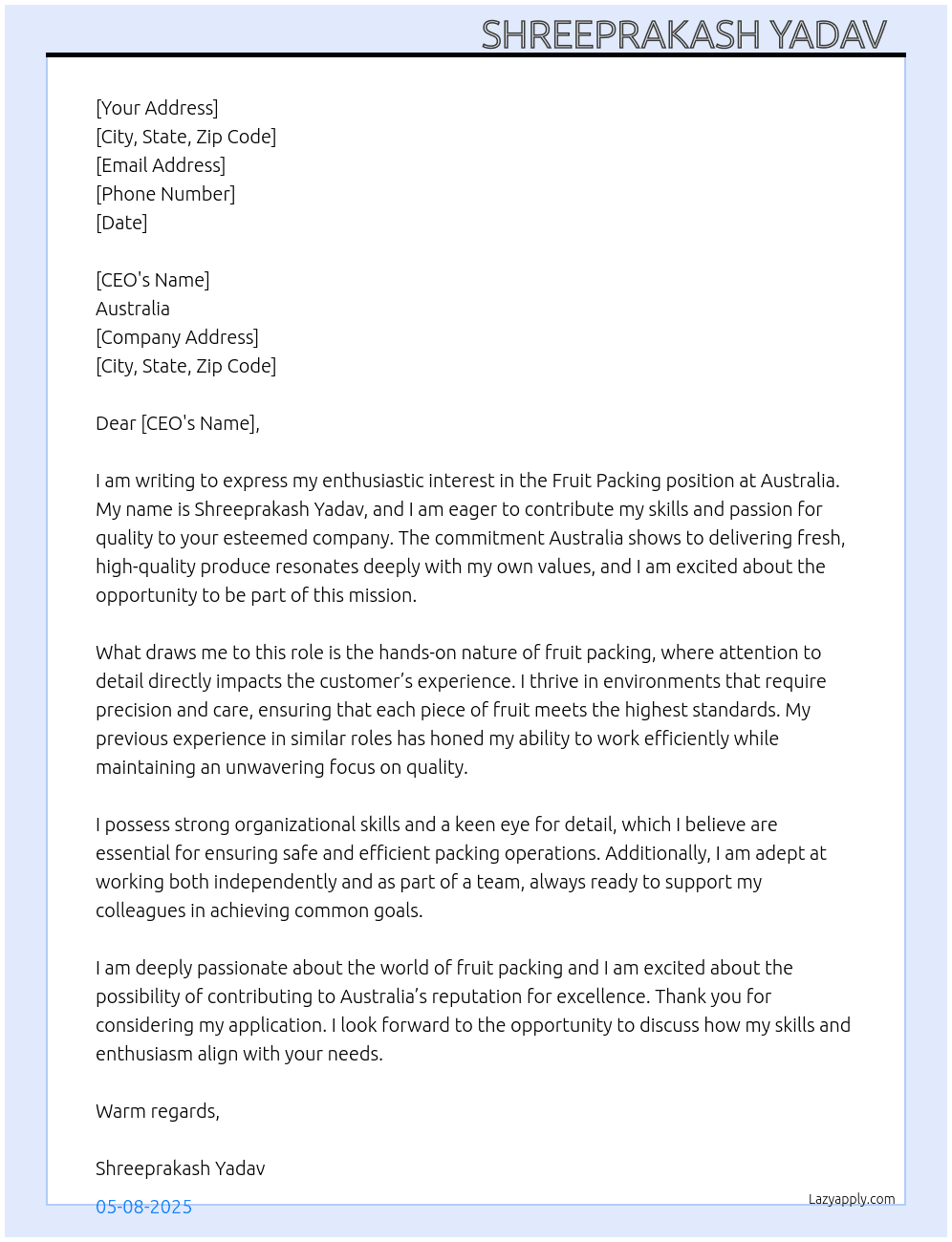 Fruit packing  At Australia  Cover Letter