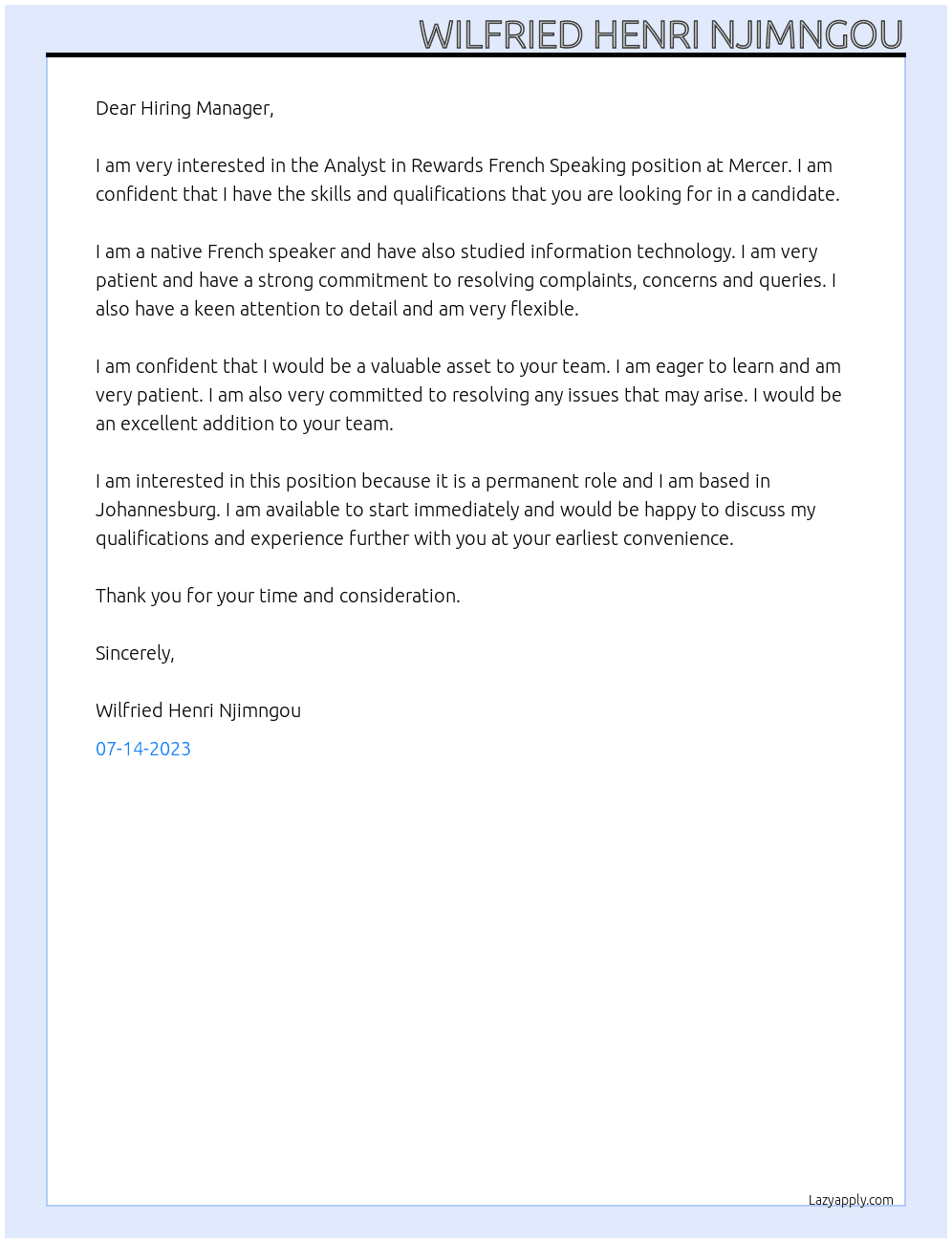 Analyst in Rewards French Speaking At Mercer Cover Letter