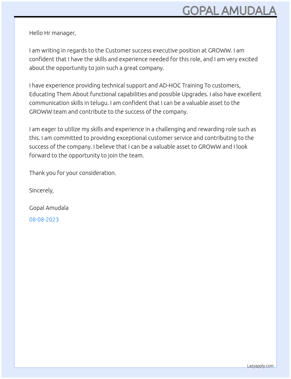 Customer success executive At GROWW Cover Letter