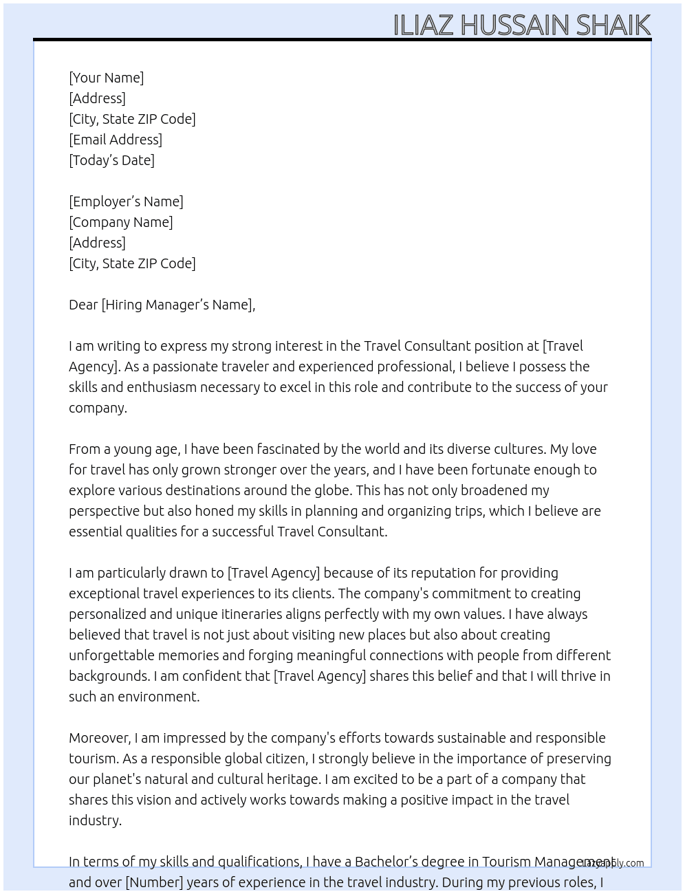 Travel Consultant At Travel Agency Cover Letter