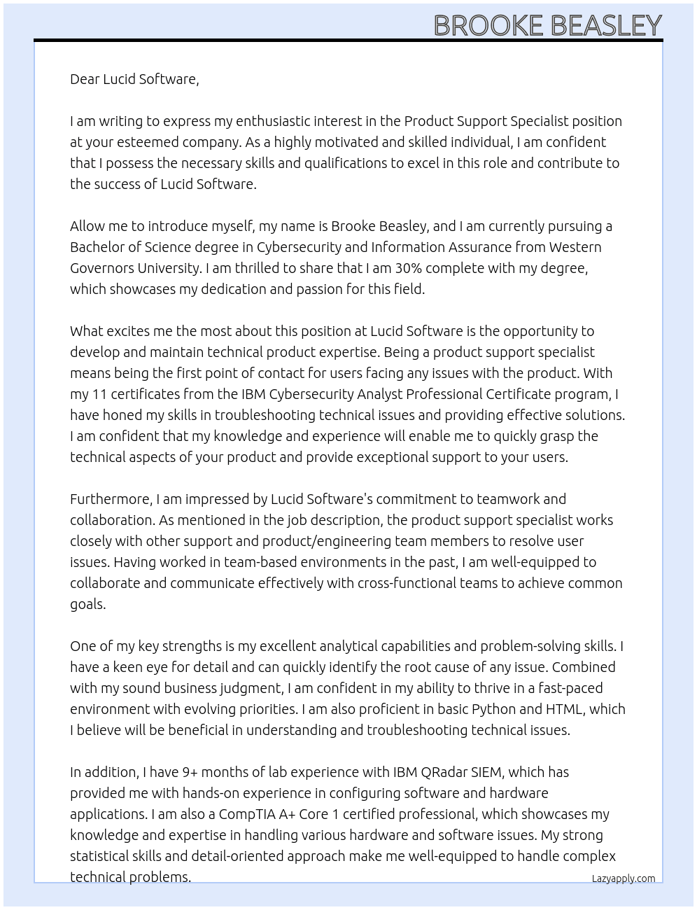 Product Support Specialist At Lucid Software Cover Letter