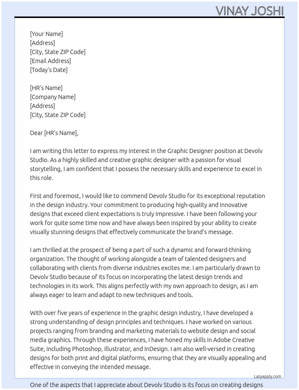 Graphic designer At Devolv Studio Cover Letter
