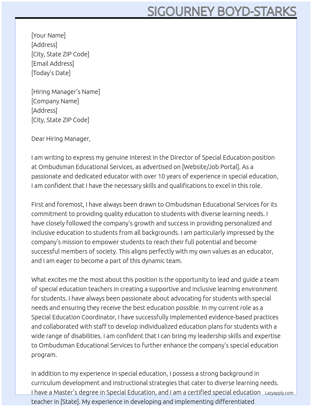 Director of Special Education At Ombudsman Educational Services Cover Letter