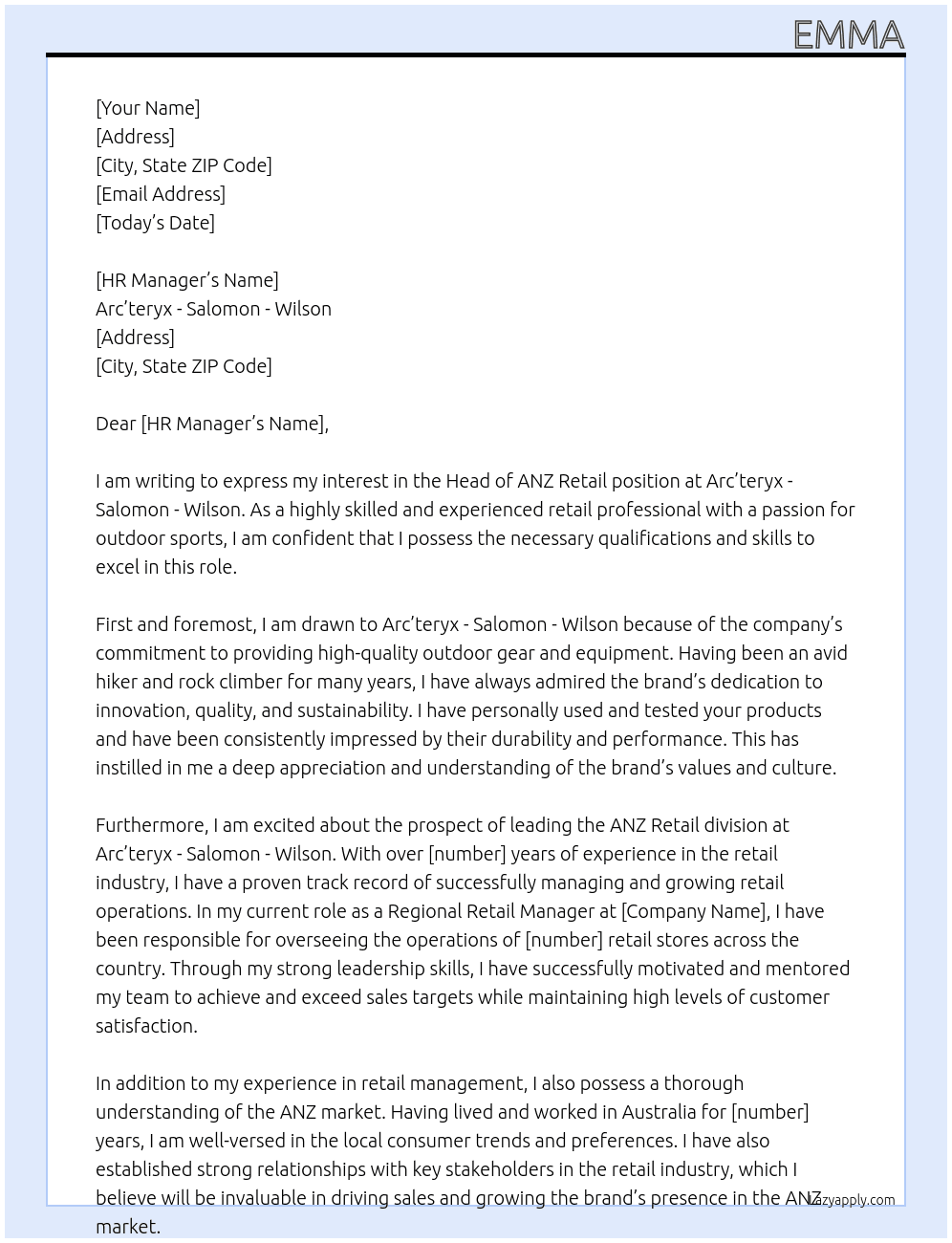 Head of ANZ Retail At Arc’teryx - Salomon – Wilson Cover Letter