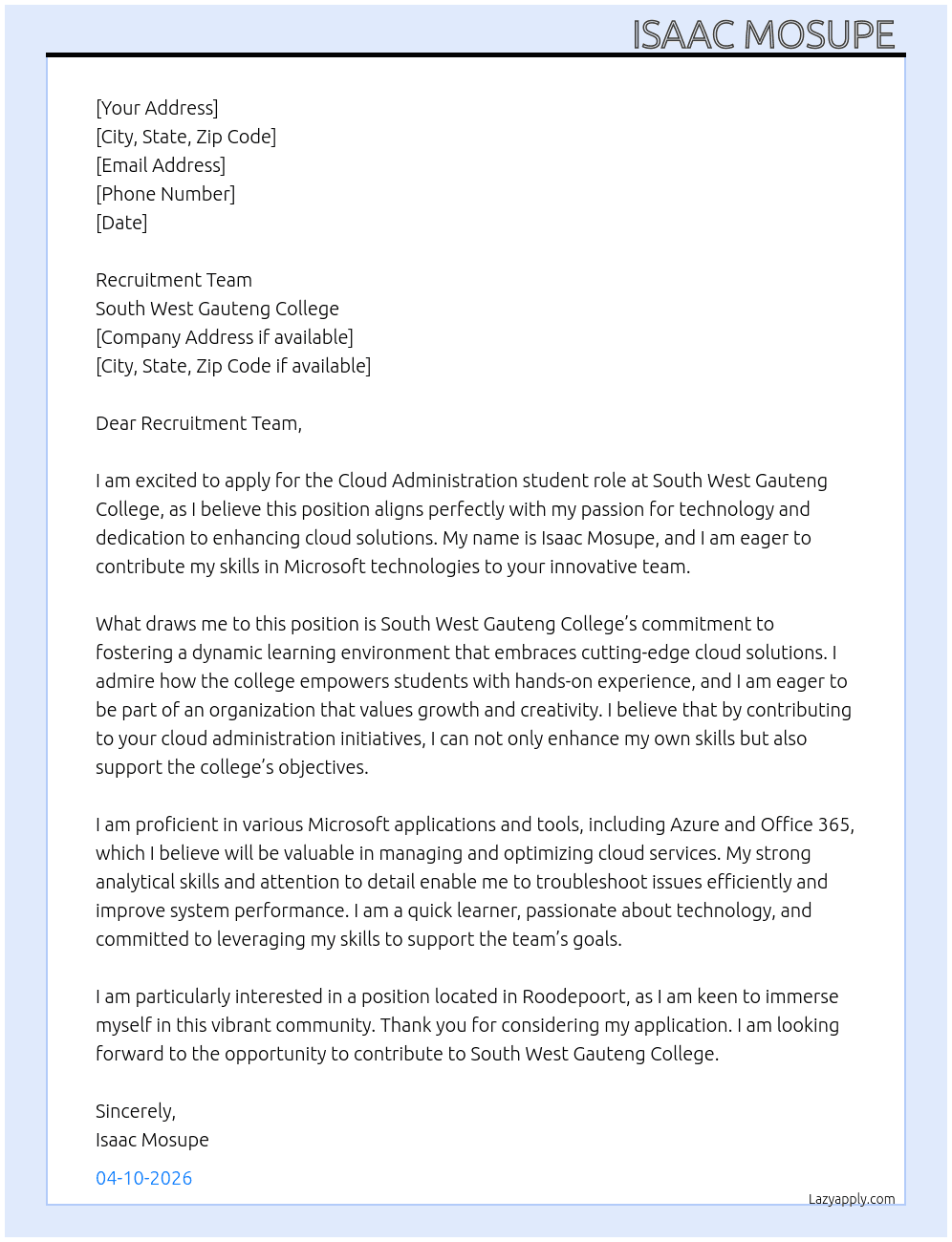 Cloud Administration  At South West Gauteng College  Cover Letter