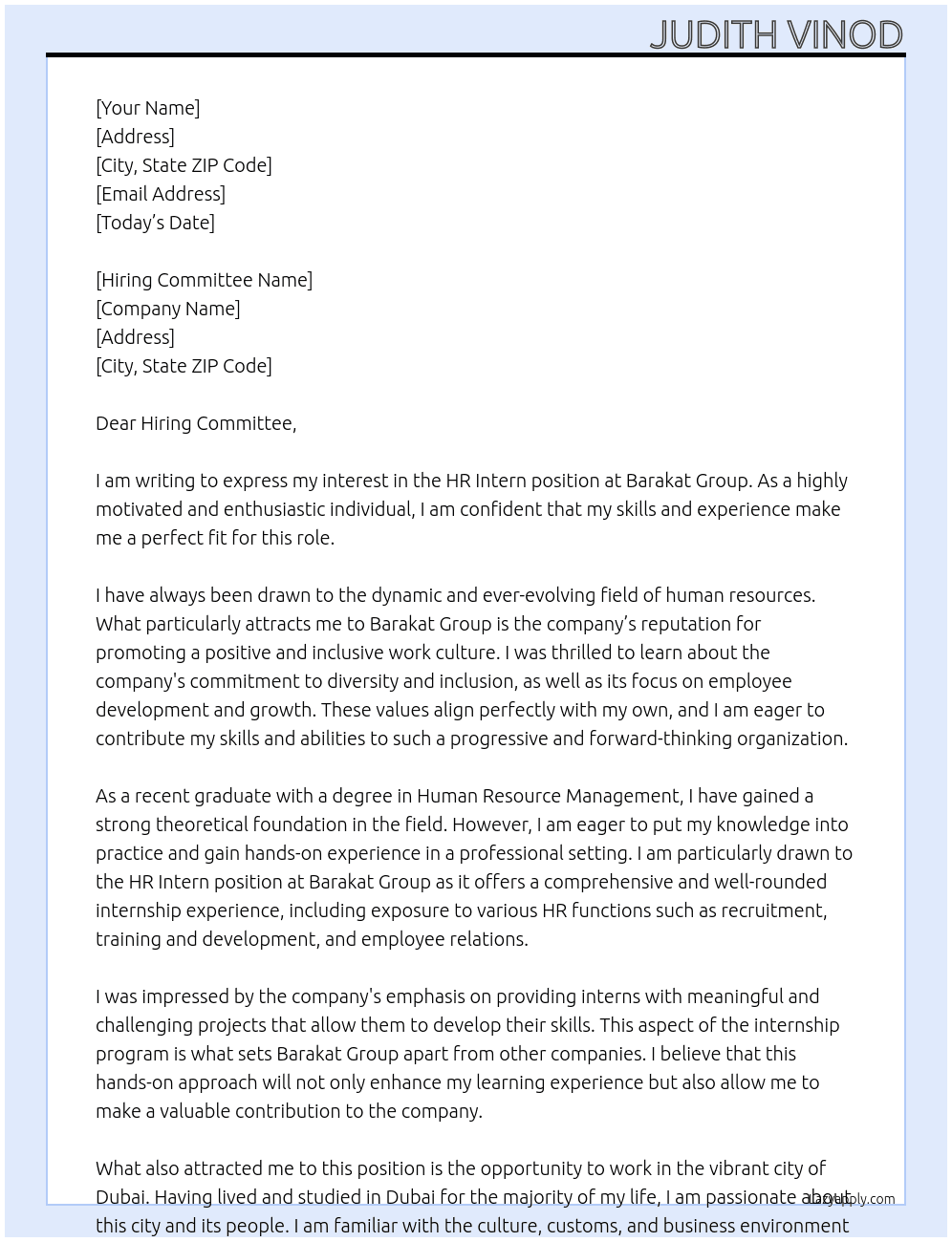 HR intern At Barakat Group Cover Letter