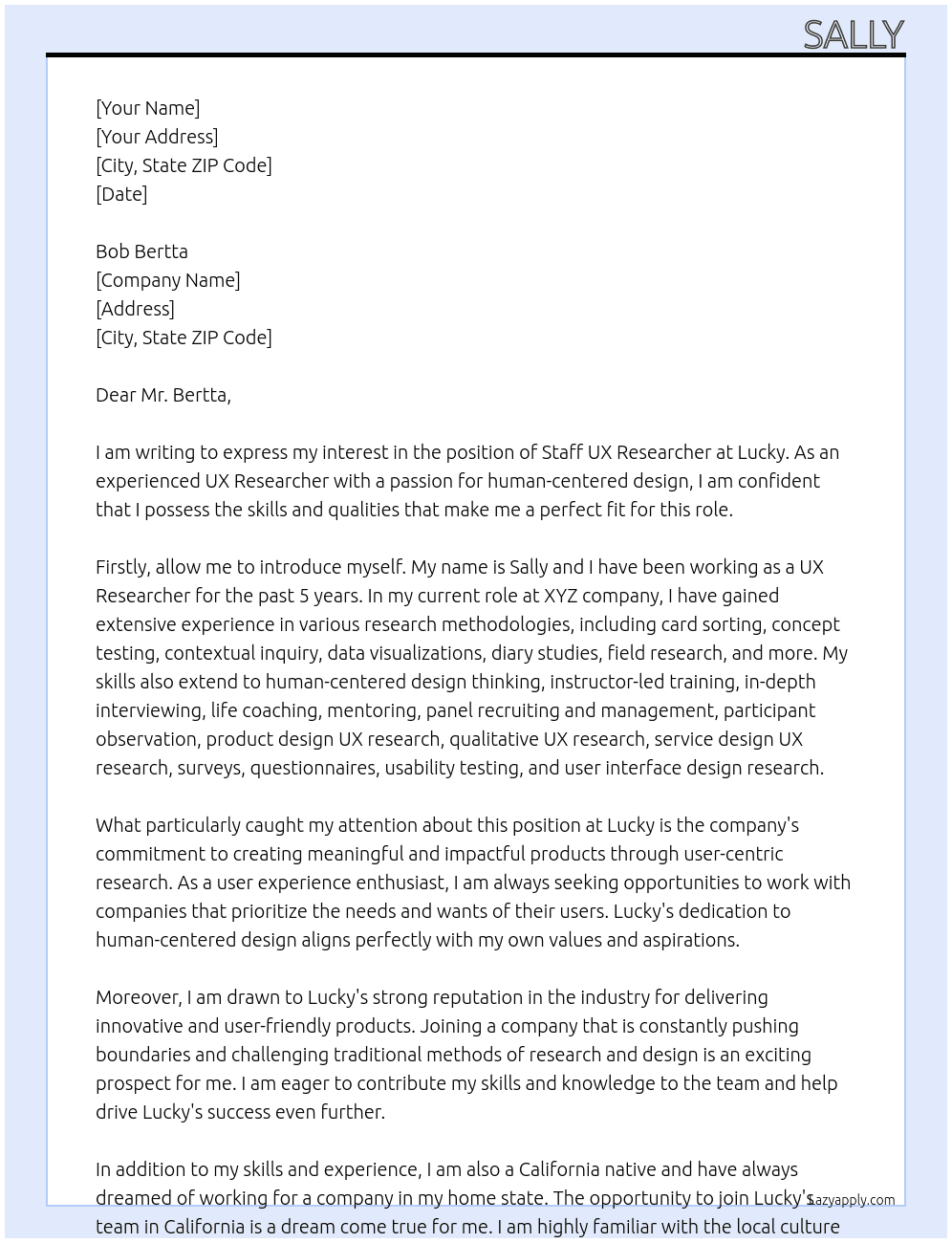Staff UX Researcher At Lucky Cover Letter