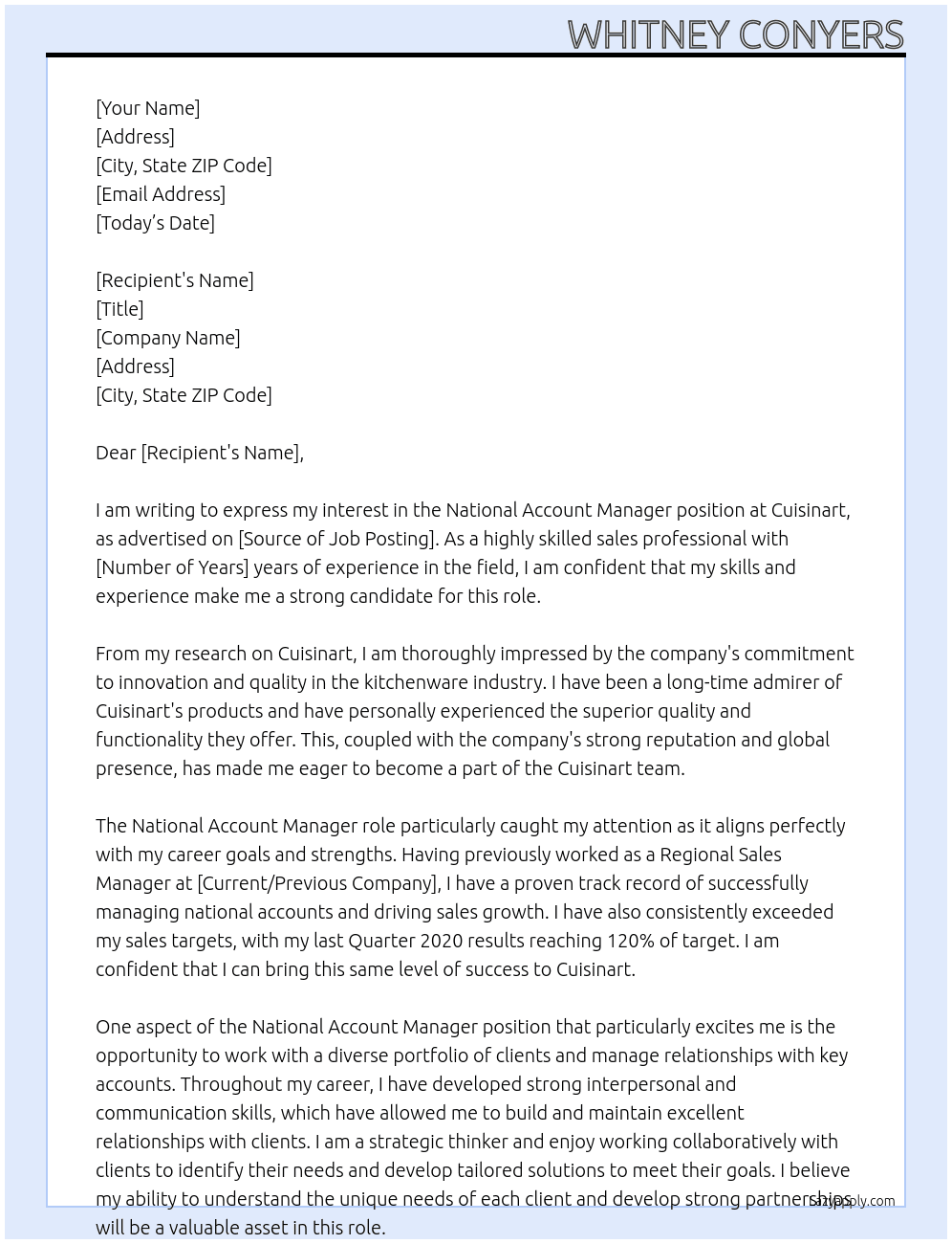National Account Manager At Cuisinart Cover Letter
