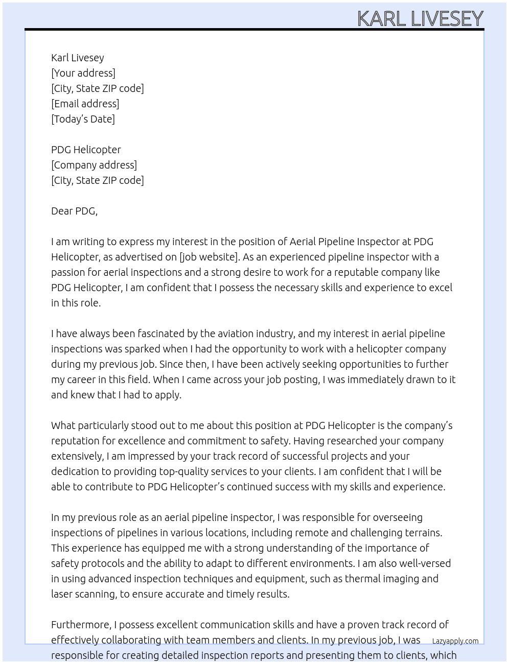 Aerial pipeline inspector At PDG Helicopter Cover Letter