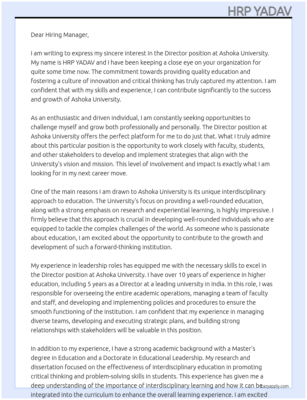 Director At Ashoka University  Cover Letter