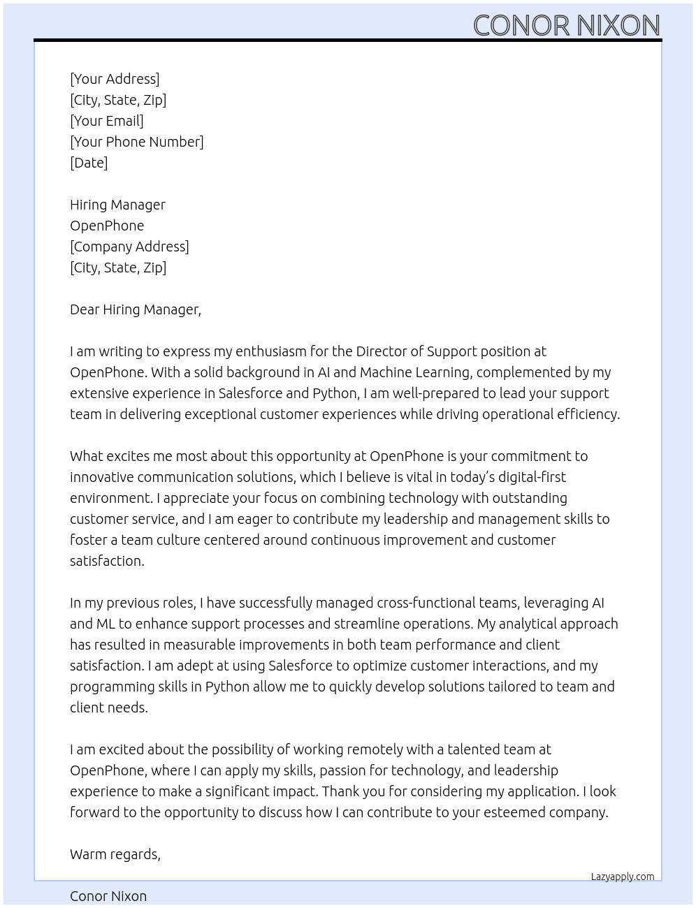 Cover letter for director of support - LazyApply