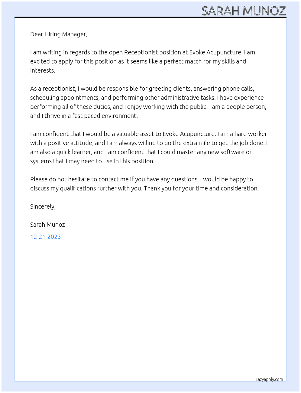 Receptionist At Evoke Acupuncture Cover Letter