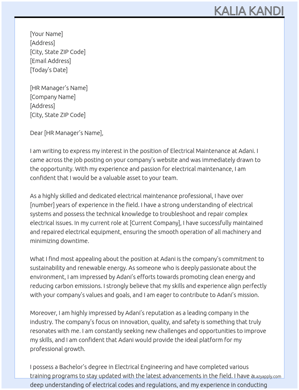 Cover letter for electrical maintenance - LazyApply