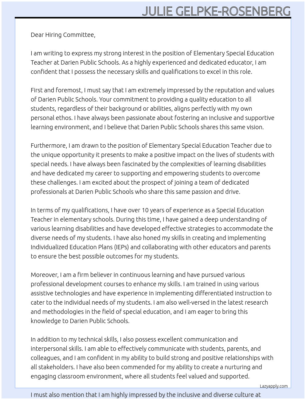 Elementry Special Education Teacher At Darien Public Schools  Cover Letter