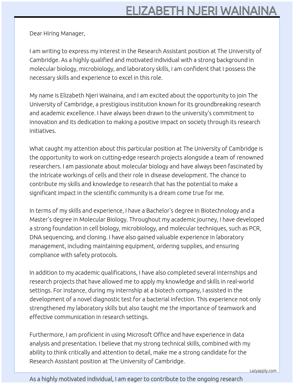 Research Assistnt At The University of Cambridge  Cover Letter