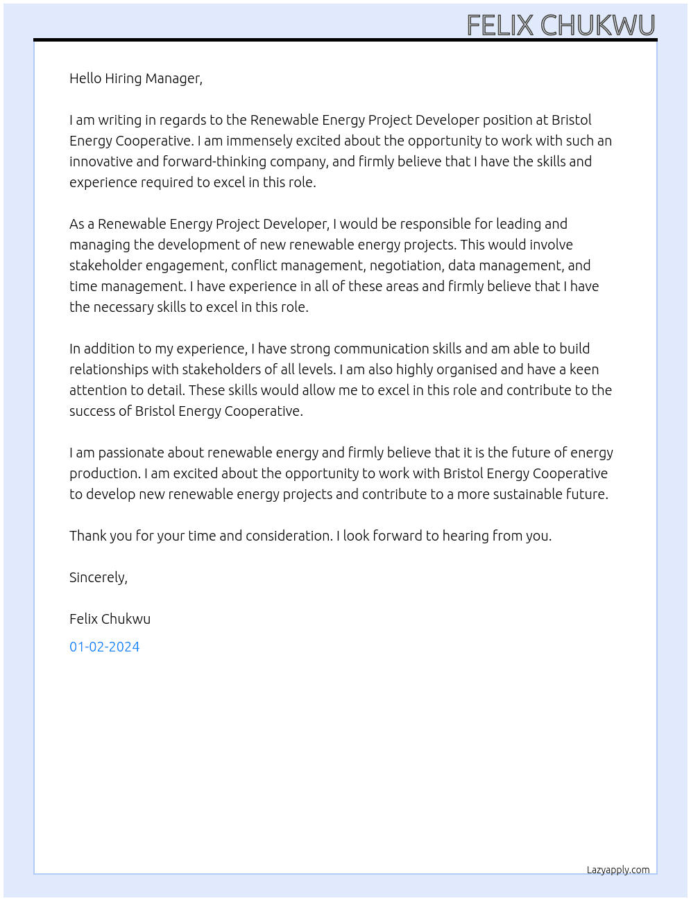 Renewable Energy Project Developer At Bristol Energy Coperative Cover Letter