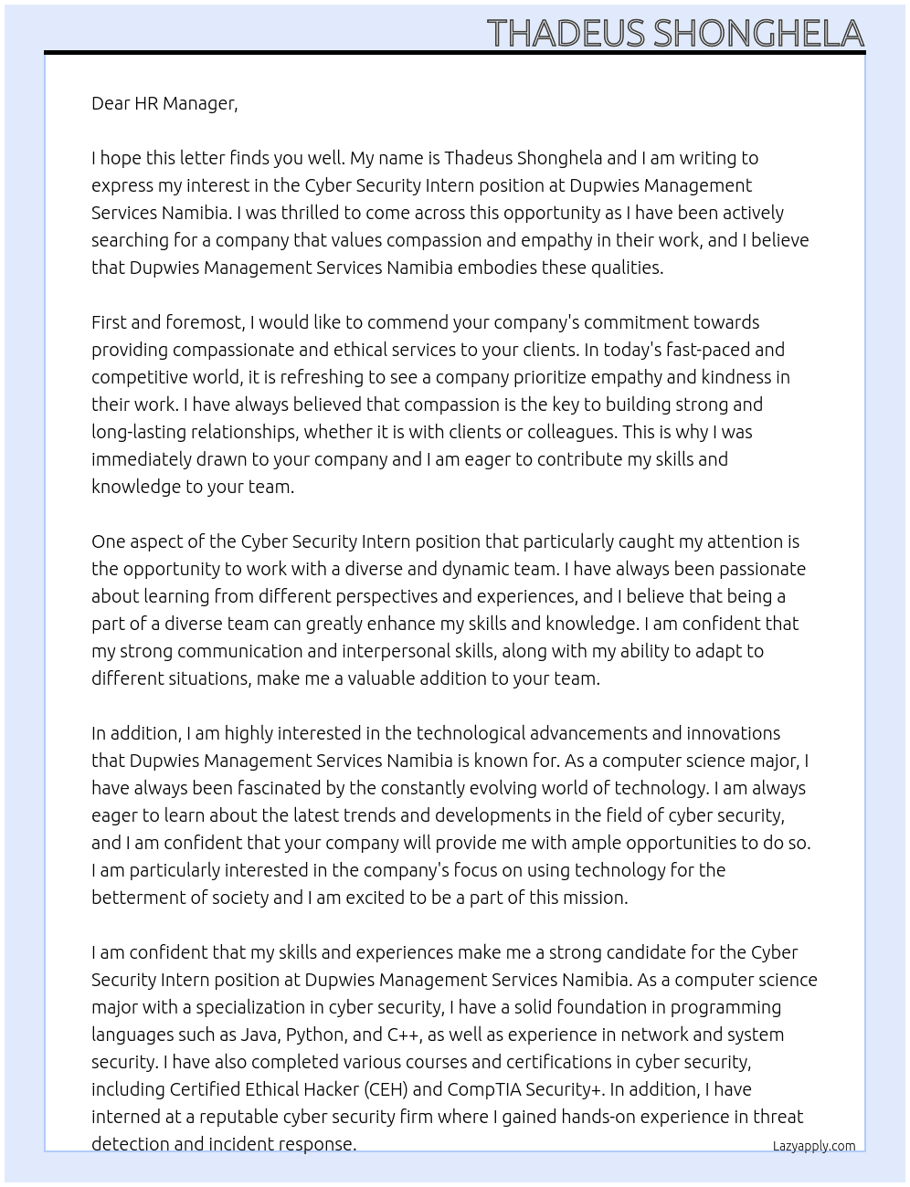 Cyber Security Intern At Dupwies Management Services Namibia Cover Letter