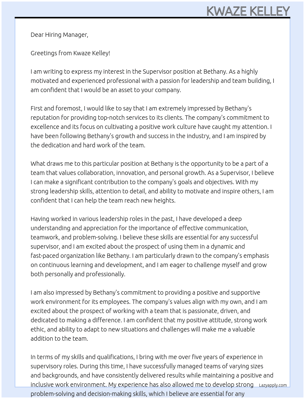 Supervior  At Bethany Cover Letter