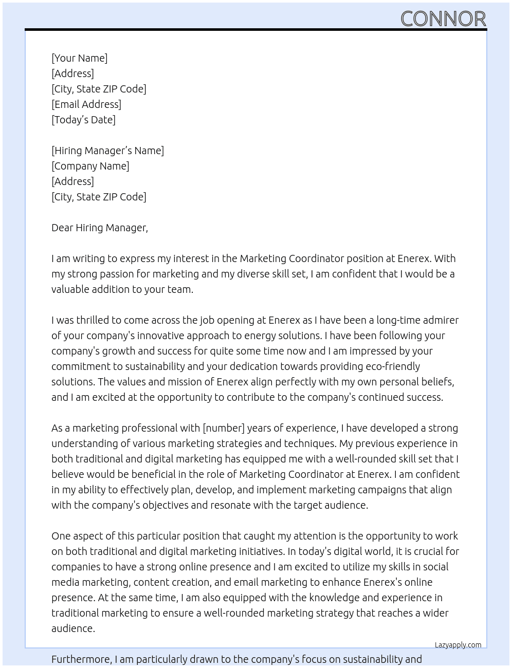 Marketing Coordinator  At Enerex Cover Letter