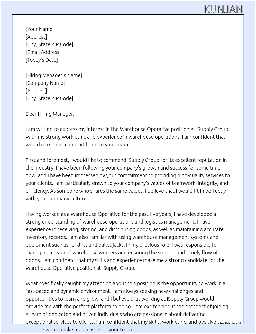 Warehouse Operative At iSupply Group Cover Letter