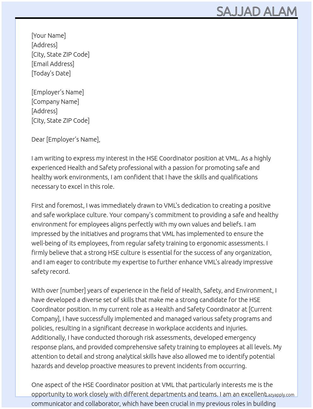 HSE coordinator At VML Cover Letter