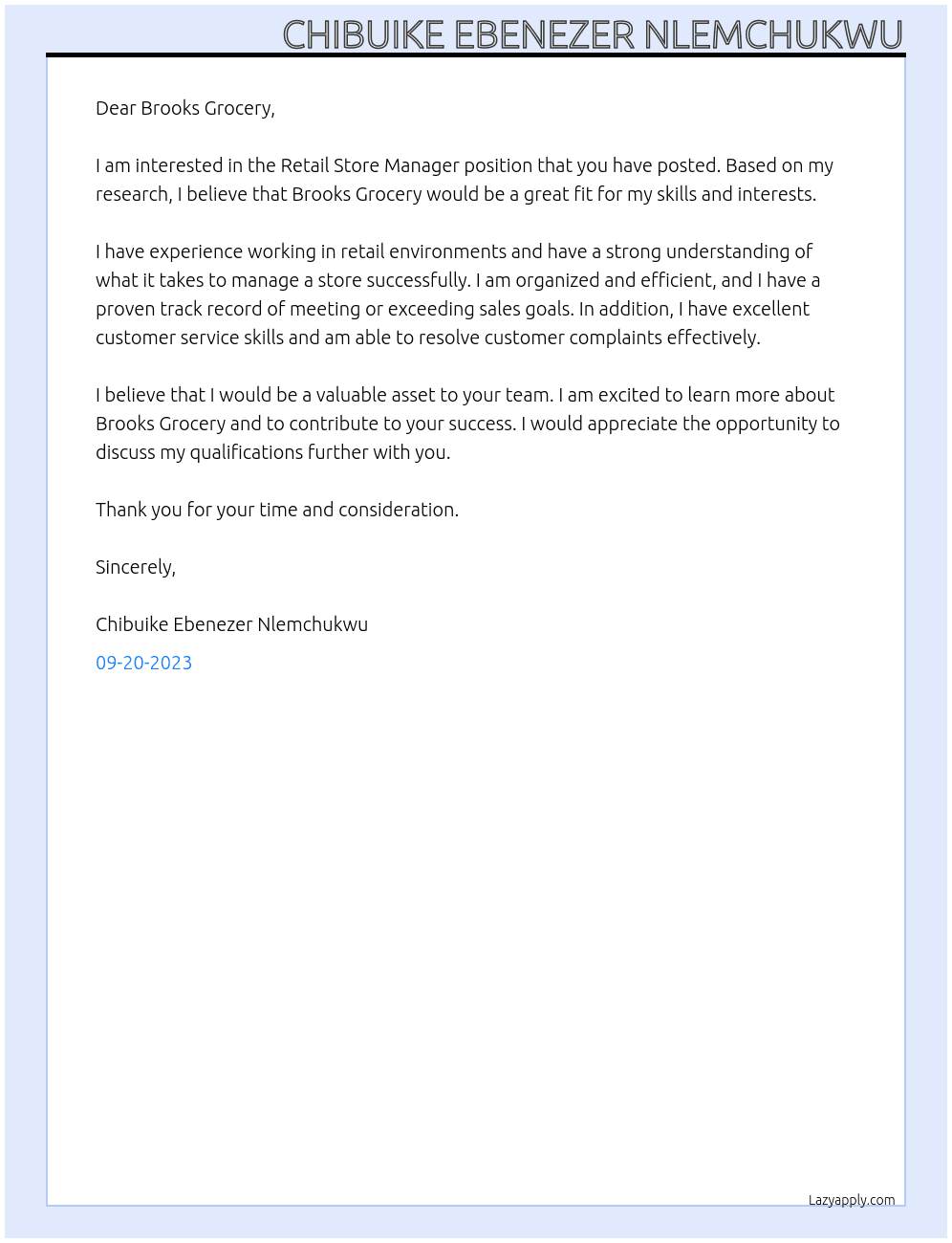  Retail Store Manage At Brooks Grocery Cover Letter