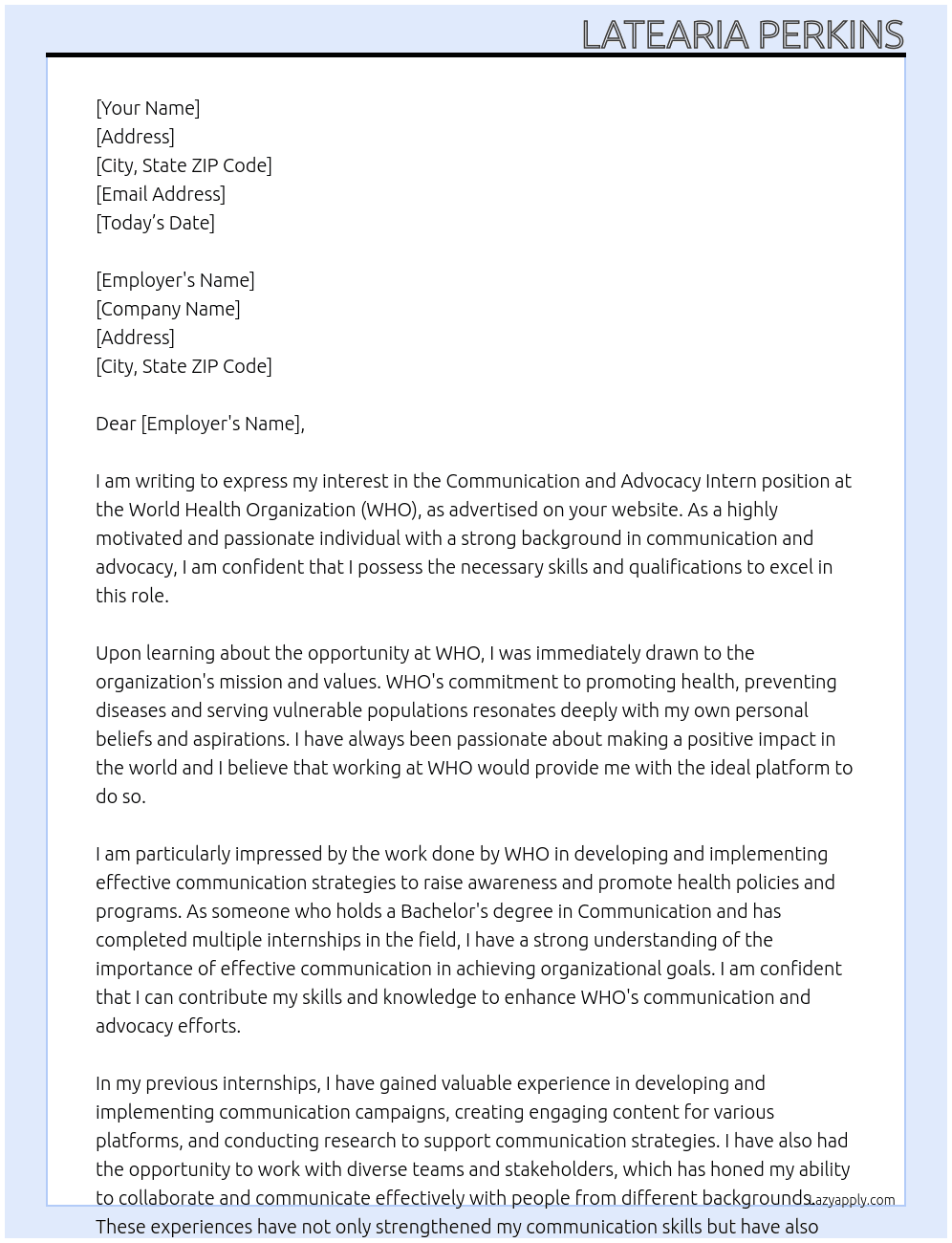 Communication and Advocacy Intern At WHO Cover Letter