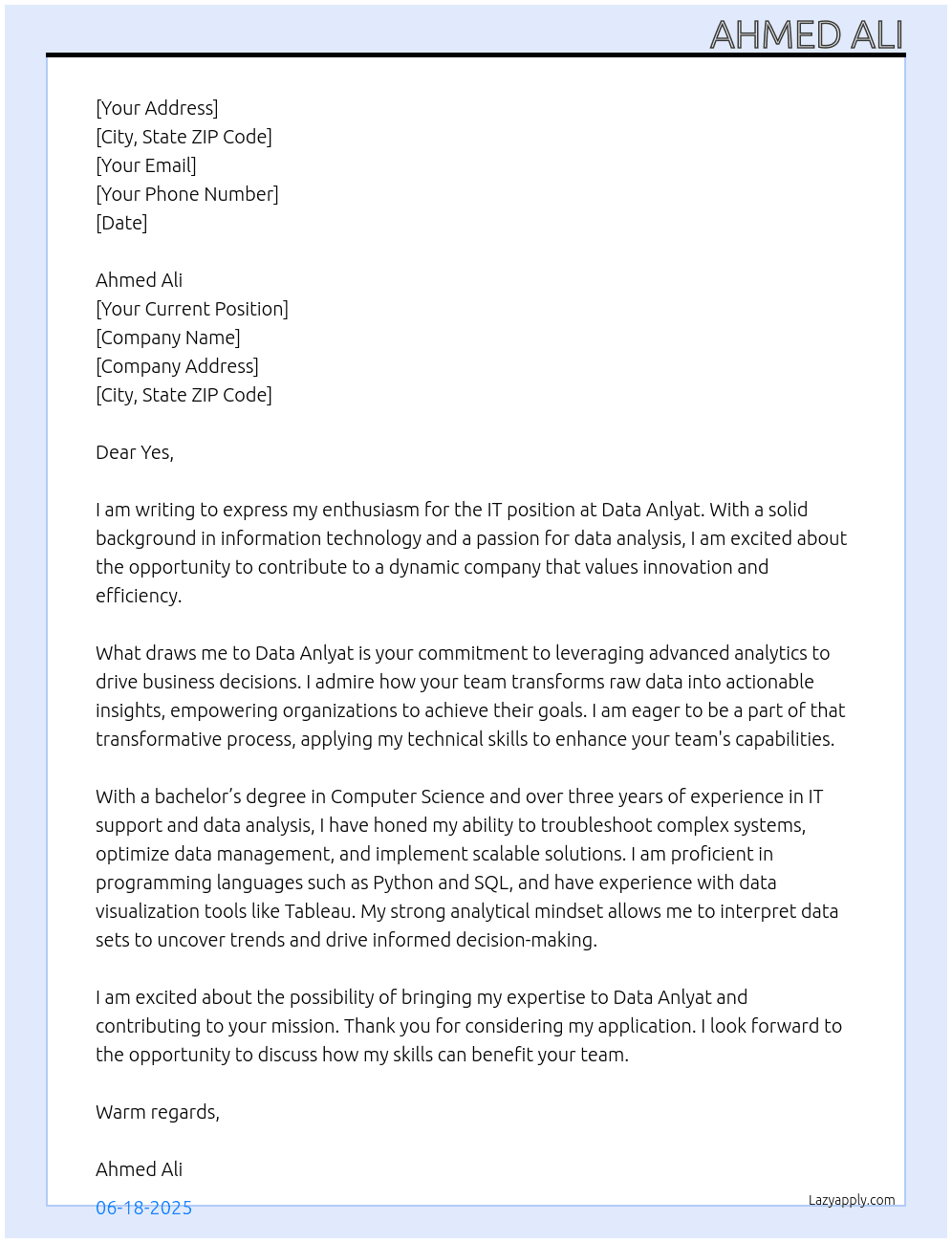 It At Data anlyat Cover Letter