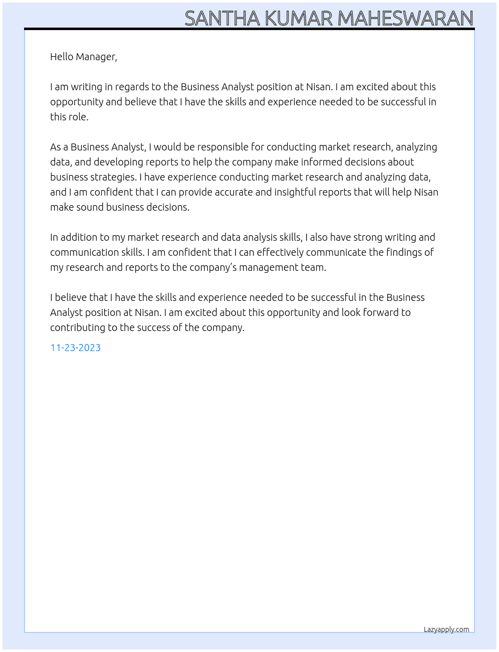 Business Analyst  At Nisaan Cover Letter
