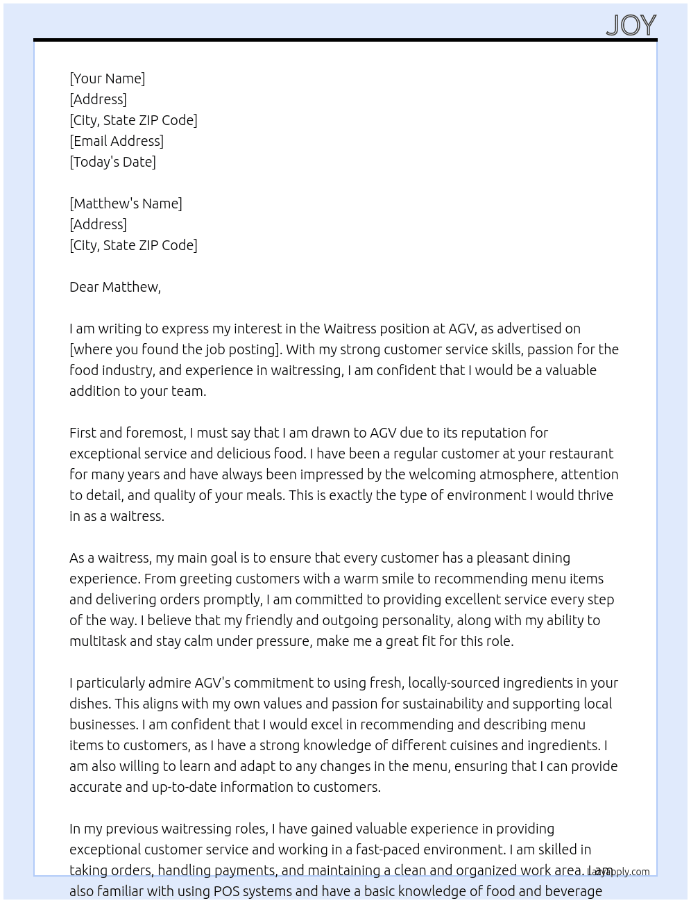 waitress At agv Cover Letter