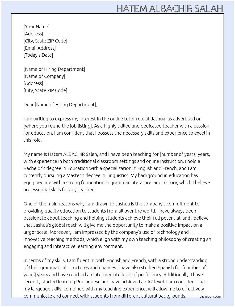 teacher  At Jashua  Cover Letter