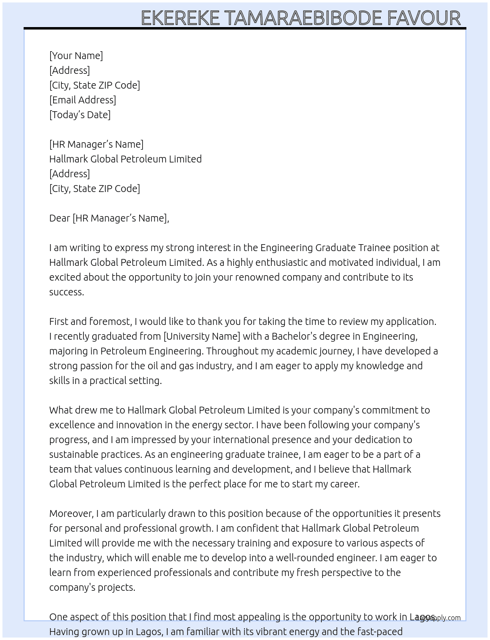 Engineering graduate trainee  At Hallmark global petroleum limited  Cover Letter