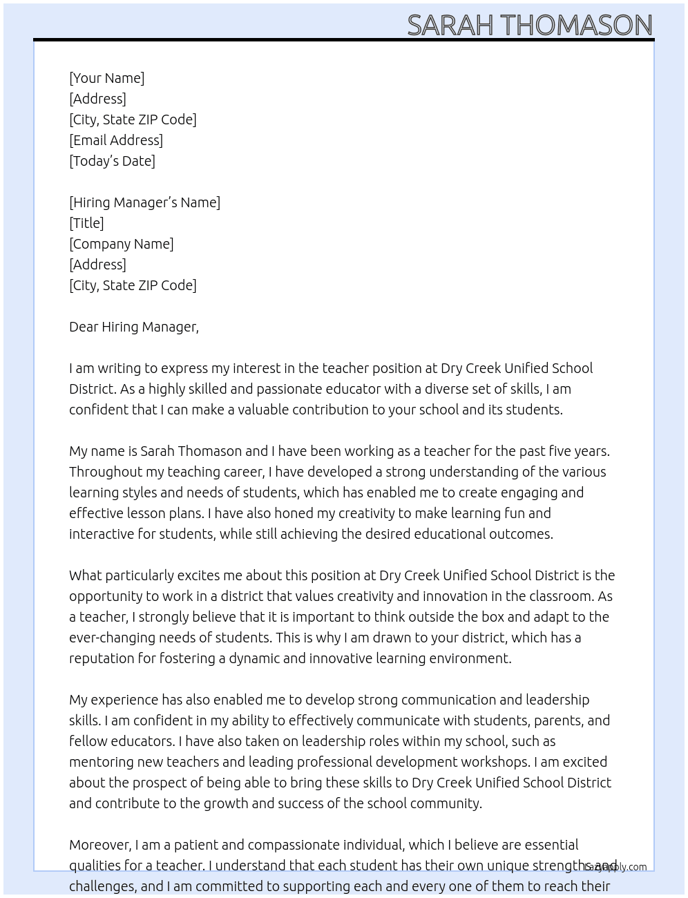 teacher At Dry Creek Unified School District Cover Letter