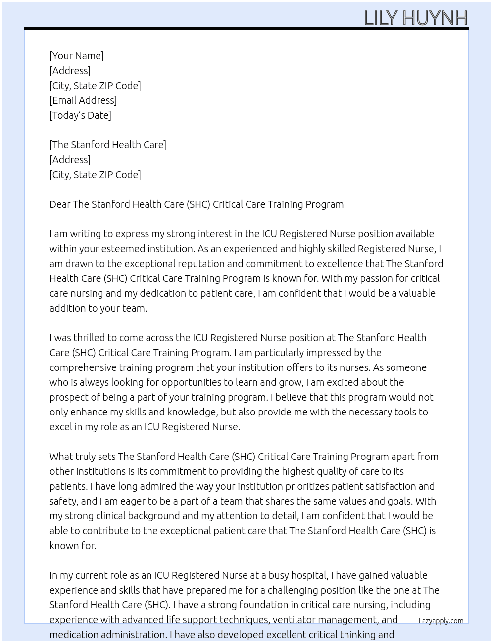 ICU Registered Nurse At Stanford Health Care Cover Letter