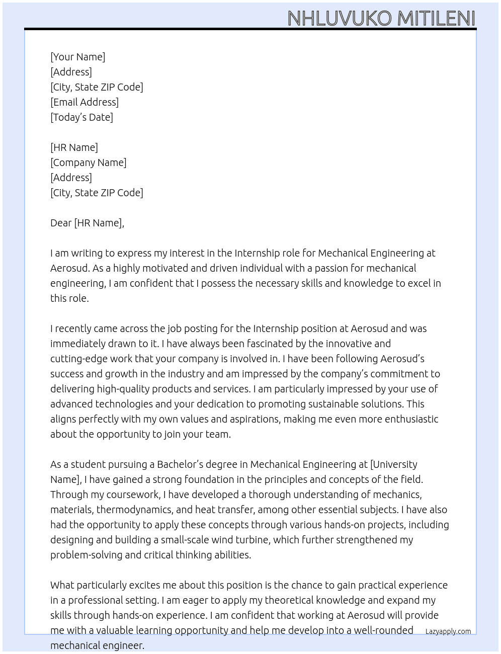 Internship: Mechanical Engineering At Aerosud Cover Letter