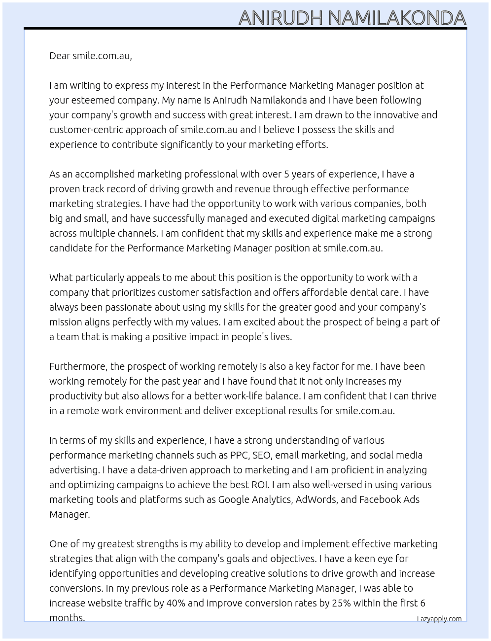 Performance marketing manager At smile.com.au Cover Letter