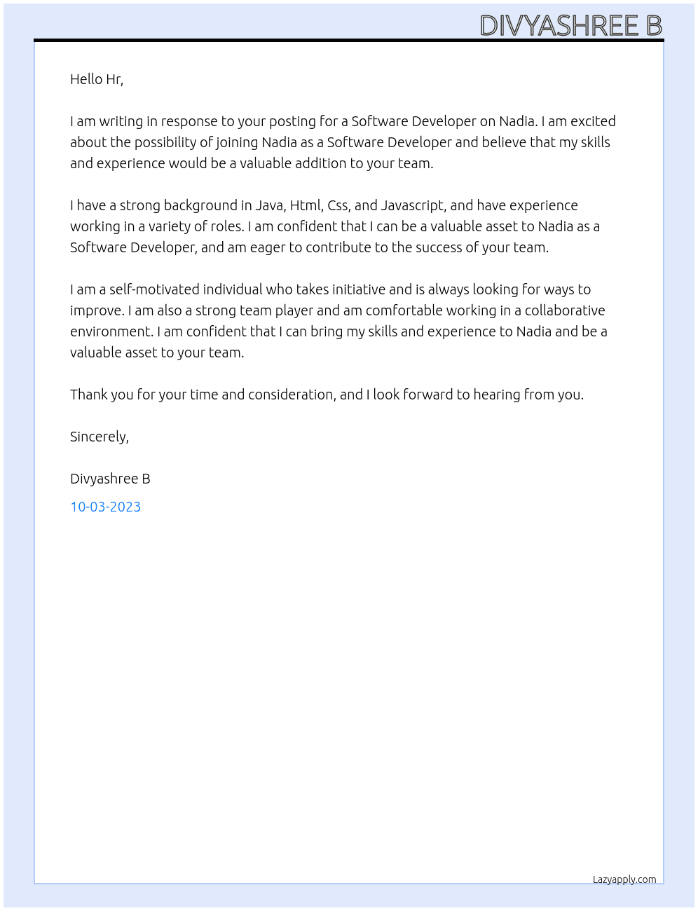 Software Developer At Nadia Cover Letter