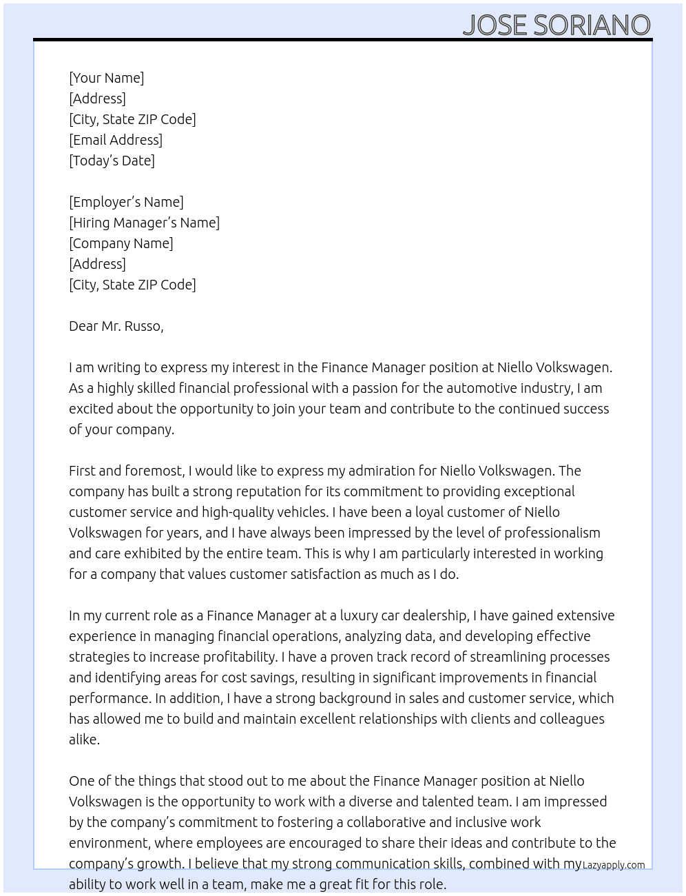 Finance manager At Niello Volkswagen Cover Letter