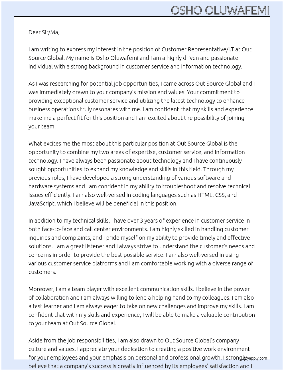 Customer representative/I.T At Out Source Global Cover Letter