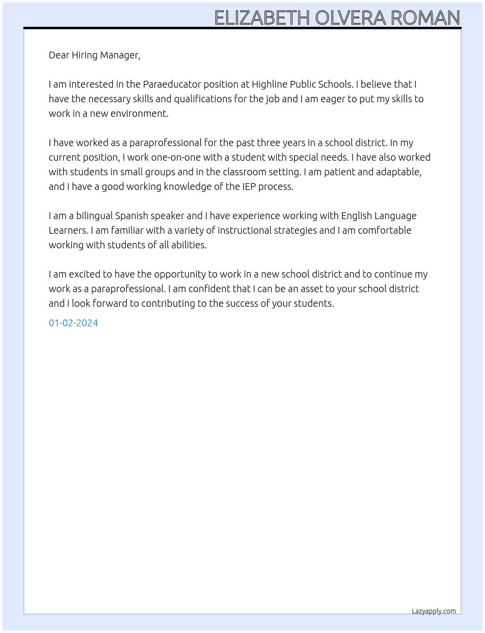 Paraeducator At Highline Public Schools Cover Letter