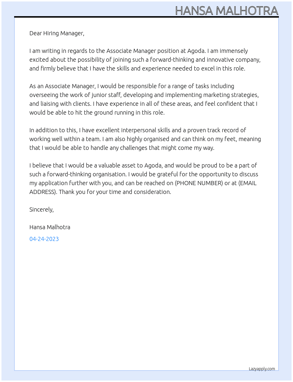 Associate Manager At Agoda Cover Letter