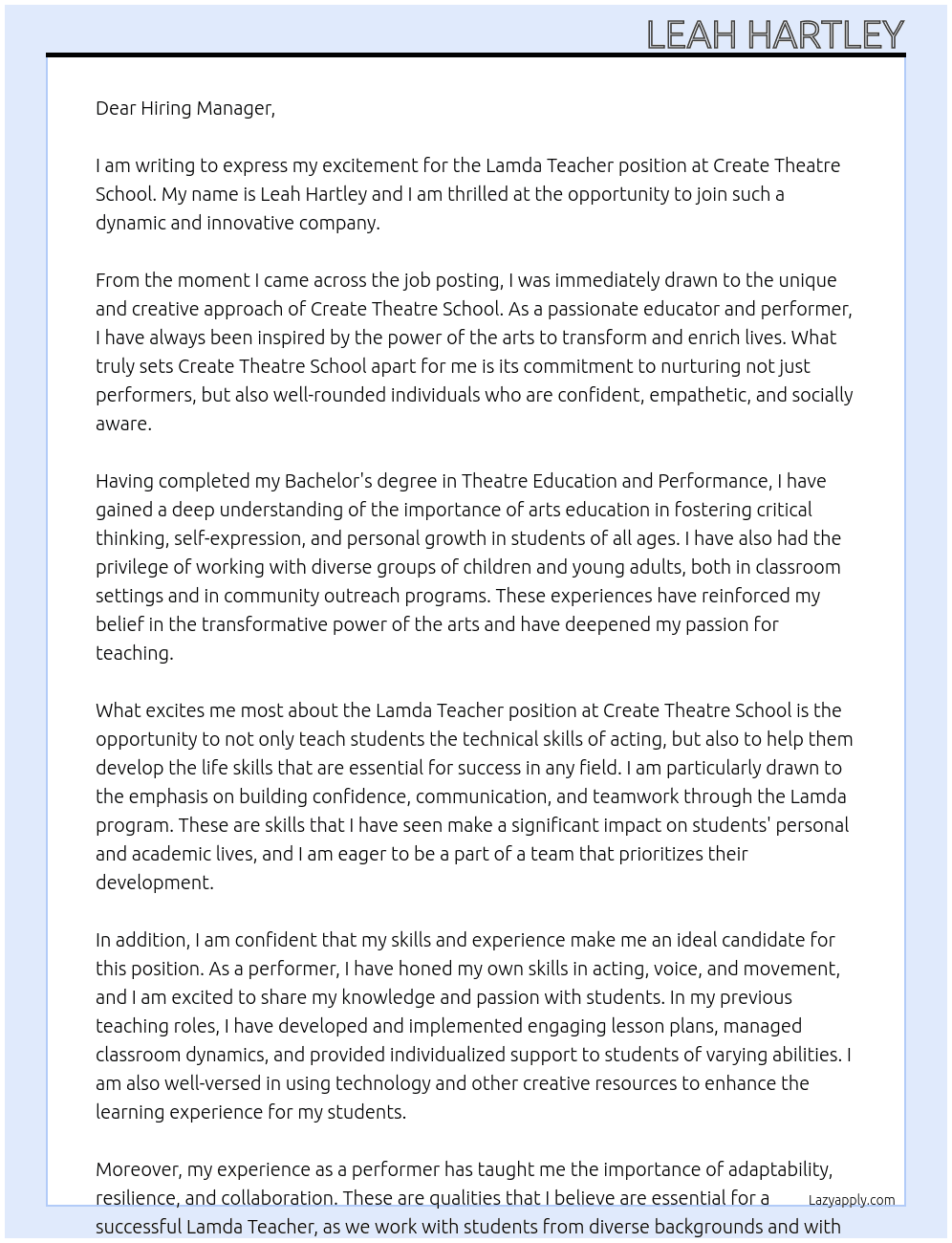 Lamda Teacher At Create Theatre School Cover Letter