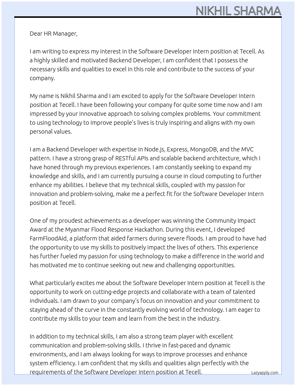 Software Developer Intern At Tecell Cover Letter