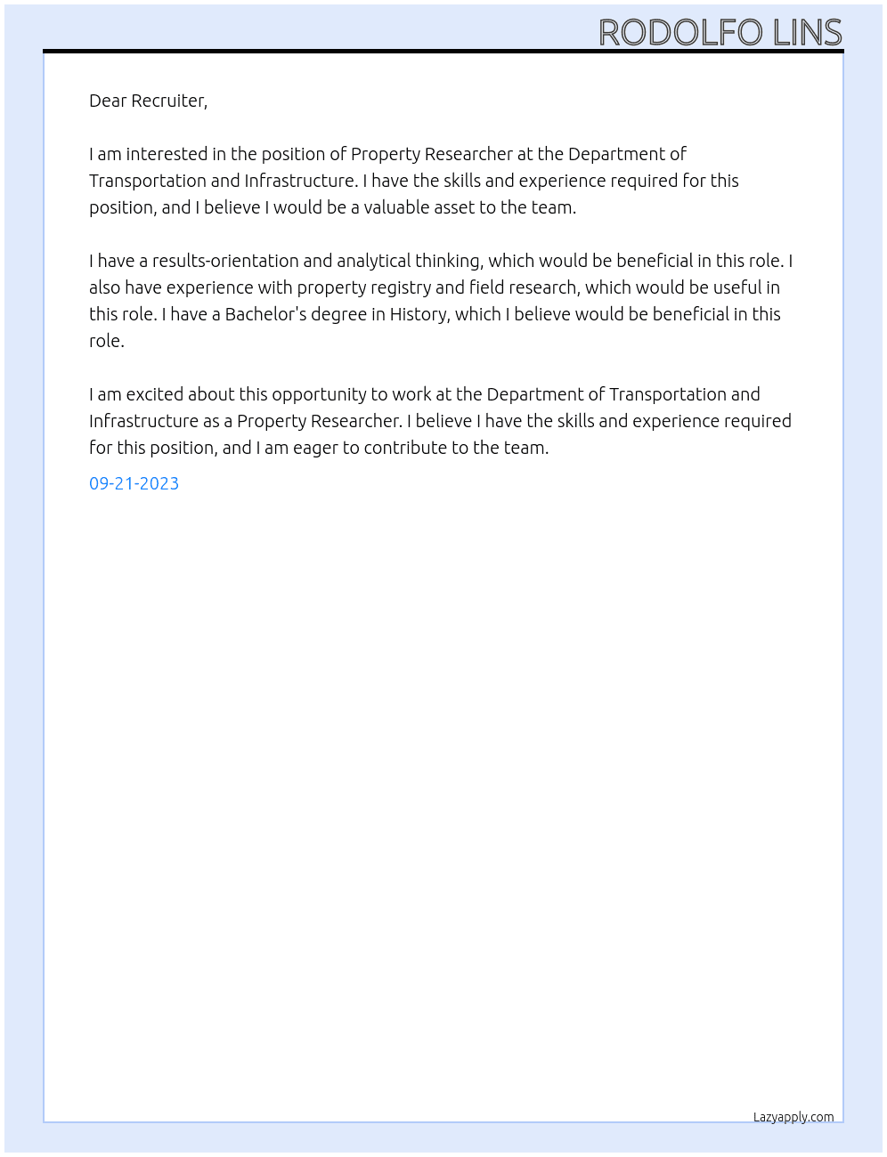 Property Researcher At Department of Transportation and Infrastructure Cover Letter