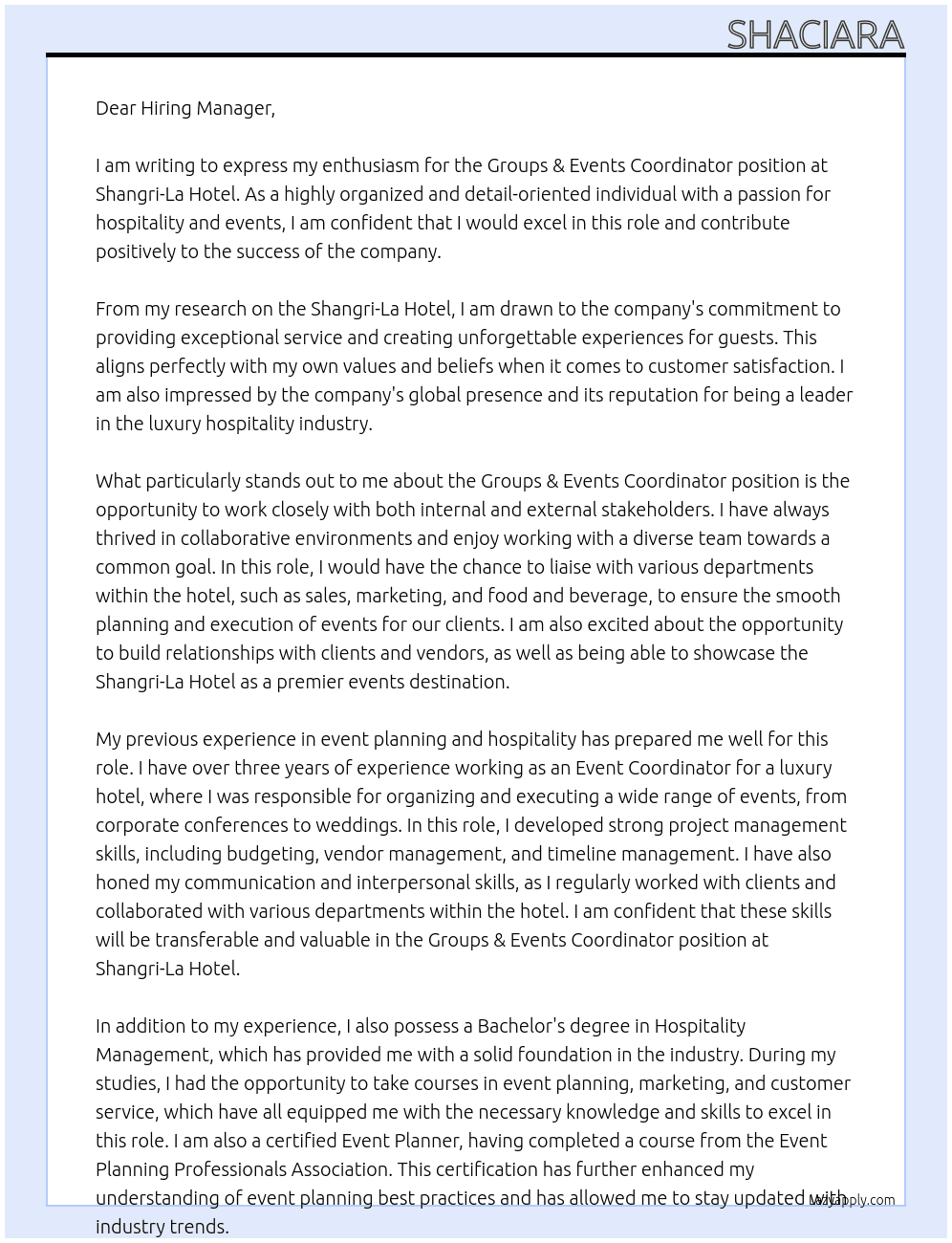 Groups & Events Coordinator At Shangri-La Hotel Cover Letter