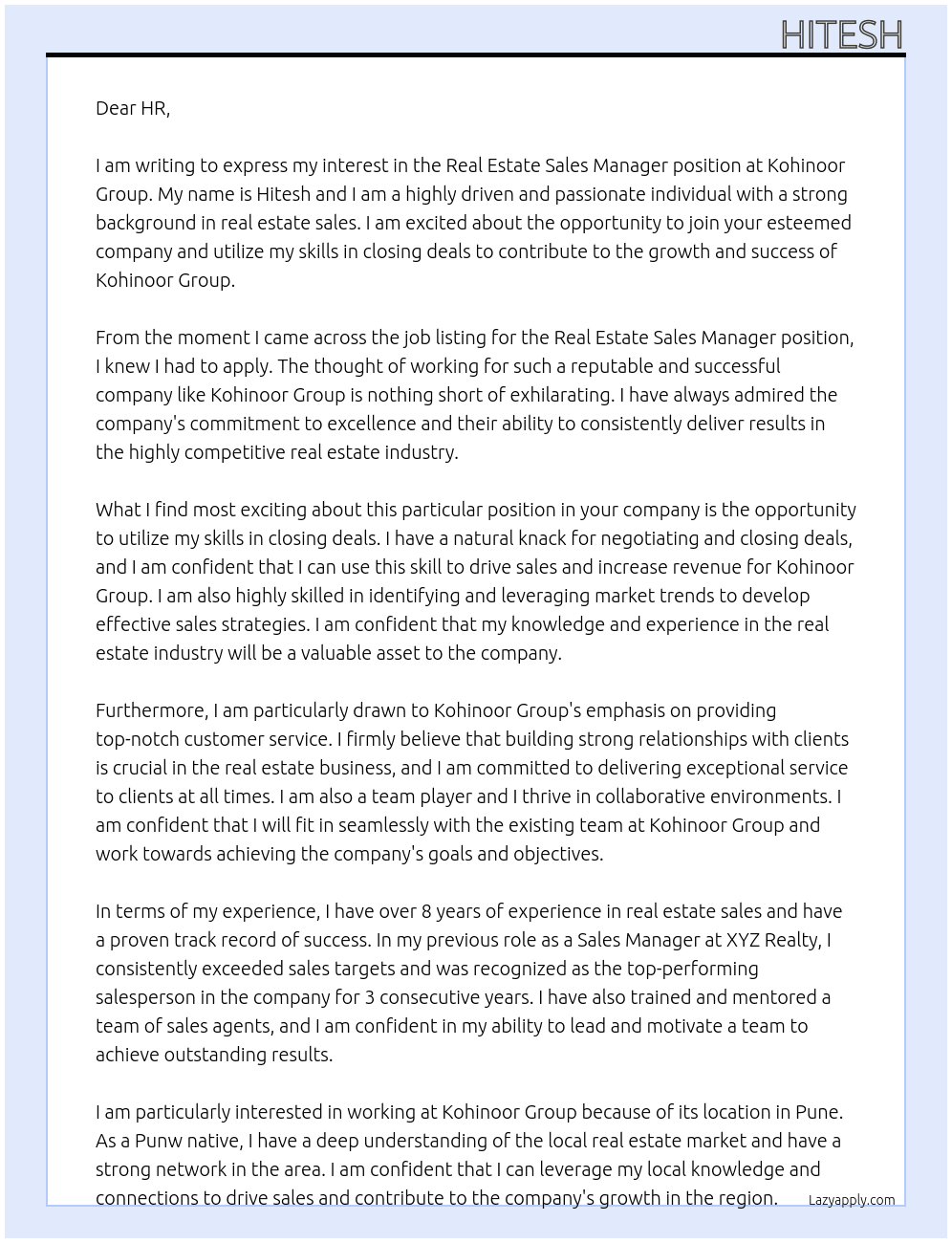 Real Estate Sales Manager At Kohinoor Group Cover Letter