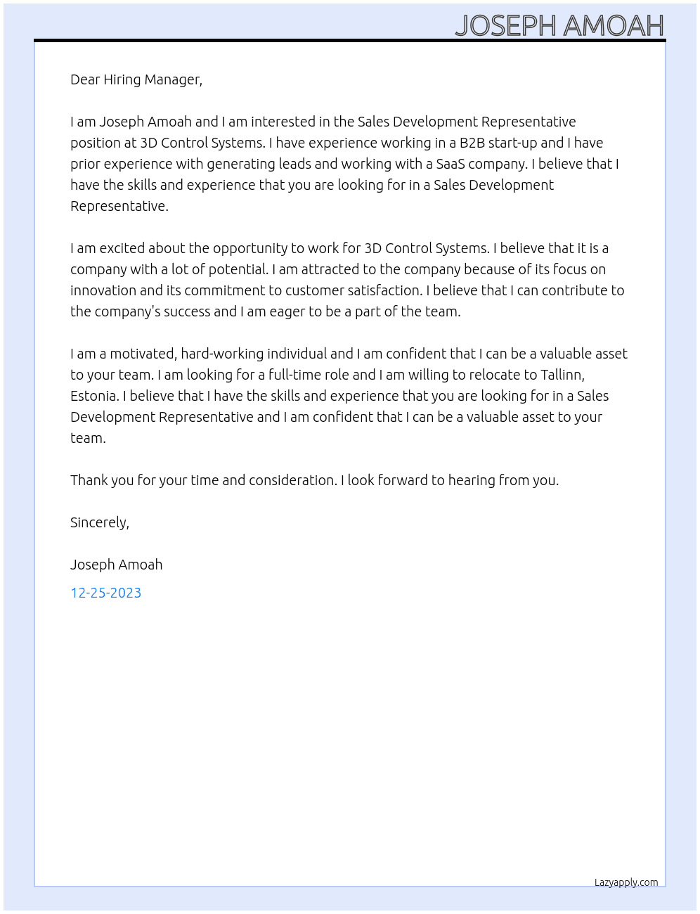 Sales Development Representative At 3D Control Systems Cover Letter